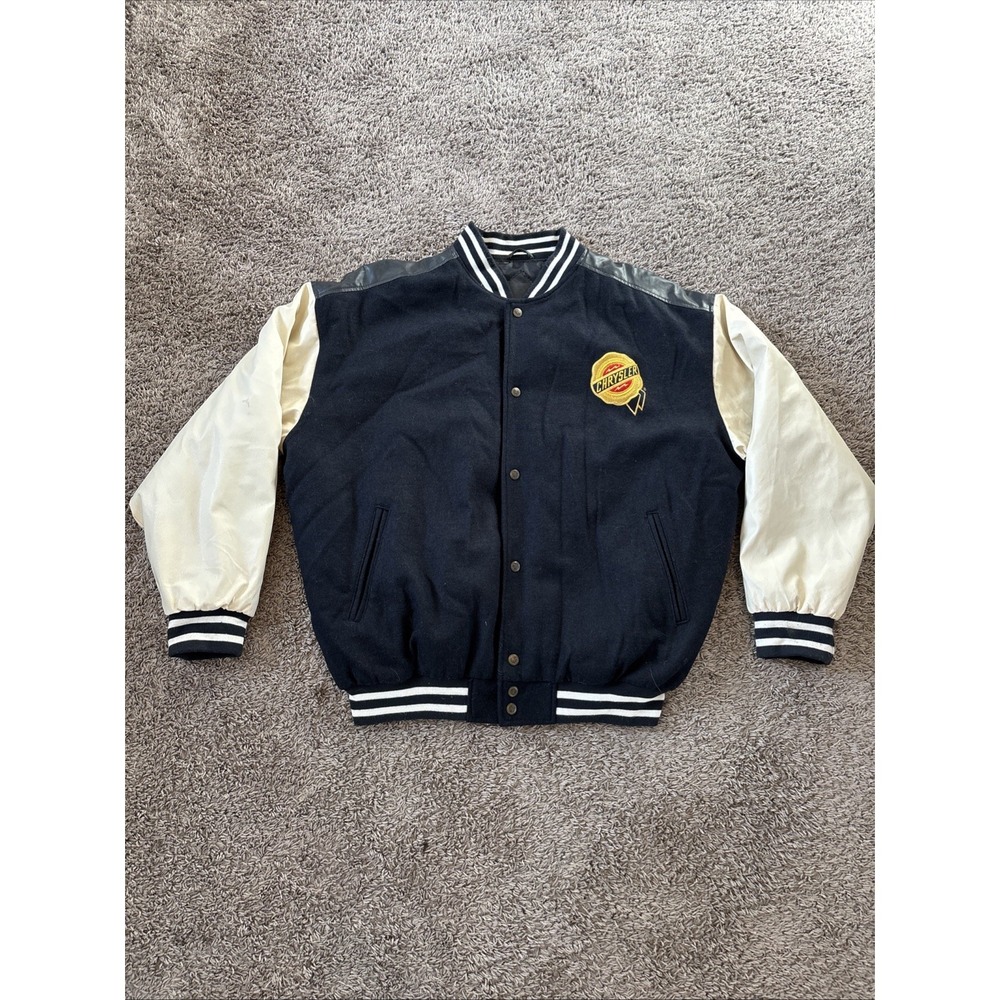 Y2K Chrysler Varsity Jacket XL Wool‎ Faux Leather Logo Back Snap Button Bomber